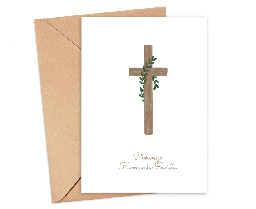 Pocztówka - Pierwsza Komunia Święta drewniany krzyż